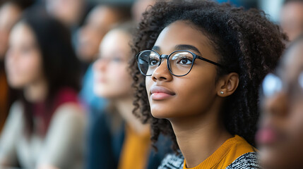 A diverse group of students attentively listening to a teacher in a bright, modern classroom 