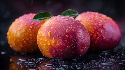Poster - freshly harvested juicy peaches with water droplets on dark background
