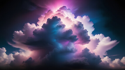 Wall Mural - Brightly lit cloud against a dark background emitting pink blue and purple light