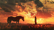 © Евгений Архипов - Abstract image of a girl and horse silhouetted against a glowing sunset, showing detailed light gradients and serene setting