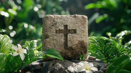 Sticker - Cross on a stone in a lush green garden