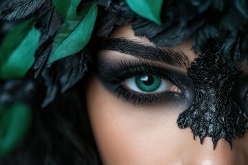 Poster - mysterious green-eyed woman in dark feathered veil