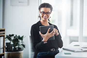 Poster - Business, tablet and woman at desk, typing and internet with website info, online reading and article review. Person, journalist and editor with tech, feedback for manuscript and email for acceptance