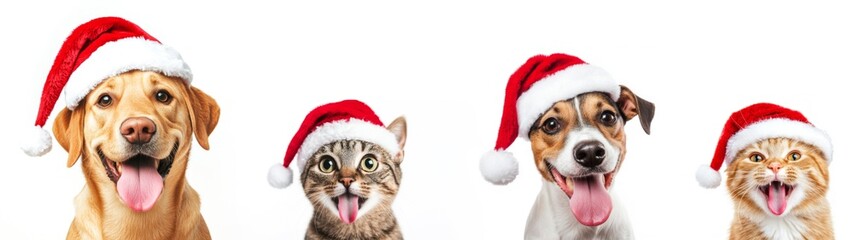 Wall Mural - merry christmas greeting card panorama - set collection group funny labrador dog cat pet head with s