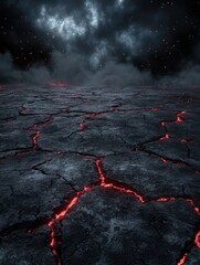 Poster - Glowing lava cracks in a dark, starry night