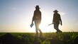 © maxximmm - Agriculture. a group of farmers working in a corn field. business ecology agriculture gardening concept. group of farmers silhouette walking in a field with corn. teamwork lifestyle business concept