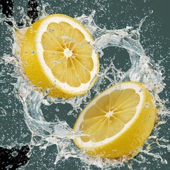 Wall Mural - picture of two slices of a bright yellow citrus fruit suspended in fresh water. Generative ai.