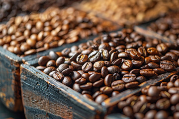 Coffee beans close-up macro, brown black caffeine ingredient texture.