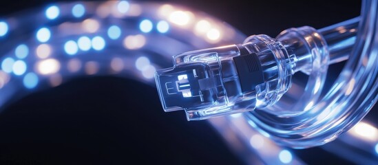 Poster - 3D rendering of a network connection illustrating internet communication and computer technology featuring a close up of a curved Ethernet cable plug connected to a power source