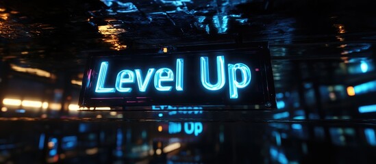Poster - 3D Rendering of Level Up Text Featuring Technological Glitches and Visual Interference Effects