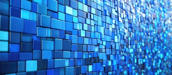 Fototapete - Abstract blue mosaic background featuring LED squares Digital technology theme with bright pixel grid design 3D rendering of square patterns in shades of blue