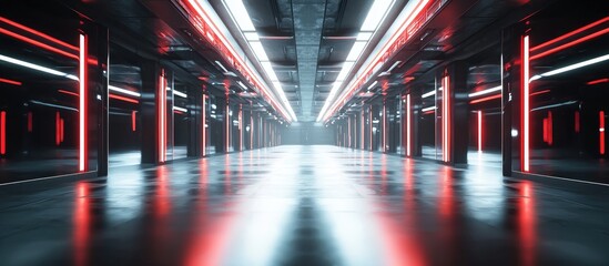 Poster - Abstract Futuristic Interior with Illuminated Sci Fi Corridor and Modern Cement Floor and Wall Design Ideal for Product Display and Showcase 3D Rendered Environment Concept