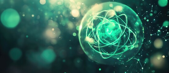 Poster - abstract glowing green energy sphere with a molecular nucleus and a round background featuring flyin