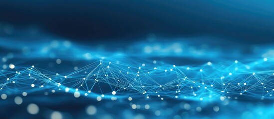 Poster - Artificial intelligence network with interconnected lines and dots in a polygonal design on a blue background