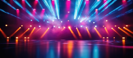 Poster - Abstract Technology Background Nightlife Atmosphere with Disco Lights and Music Concert Light Show Glowing Geometric Laser Loops with Reflections for Event Celebrations