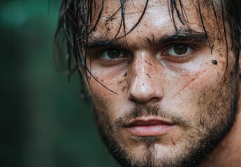 Poster - close-up portrait of a rugged man with wet hair and dirt on his face