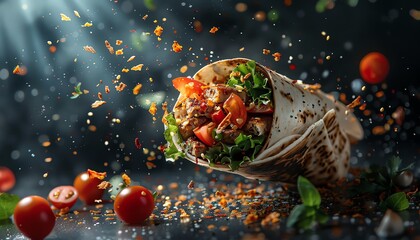 Shawarma wrap, floating ingredients, dark background, dynamic and dramatic, closeup