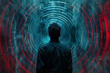Poster - man standing with his back to the camera looking at abstract blue and red neon circles