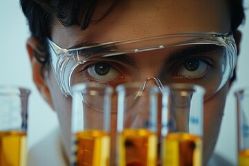 Poster - Young scientist is experimenting in the lab, wearing safety glasses and looking closely at beakers filled with orange liquid