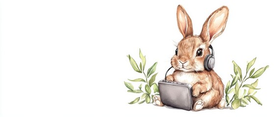 A luxury watercolor of a sweet little rabbit with a music player and earphones with sunlight filtering through is isolate on white background with copy space