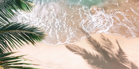 Poster - Beach scenery with palm tree silhouette against sunset sky, ideal for travel or vacation themes