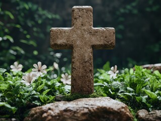 Sticker - Cross in a garden setting with flowers