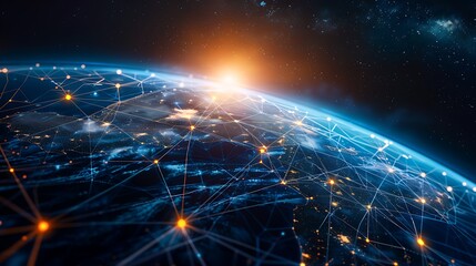 Poster - Abstract of the earth with glowing lines connecting cities, showcasing the global network and interconnectedness of our world.