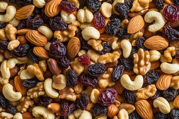 Wall Mural - A close up of nuts and dried fruit. The nuts are almonds, walnuts, and cashews. Concept of abundance and variety