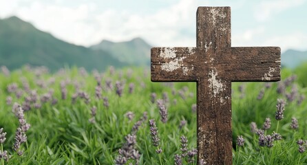 Wall Mural - Wooden cross in a field of lavender flowers