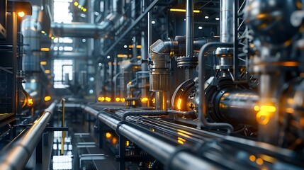 Poster - Close up view of industrial machinery and complex pipework, showcasing the intricate workings of a modern factory.