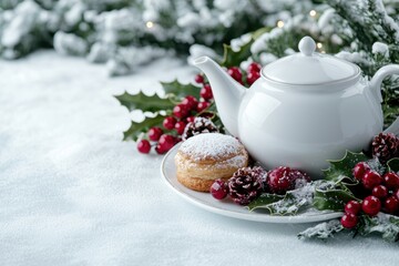 Wall Mural - Cozy winter tea time with pastries and holiday decor