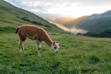 Canvas Print - Grazing llama in scenic mountain landscape at sunset