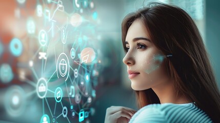 Poster - Young woman gazes at a digital interface with lines and symbols representing the interconnectedness of technology.