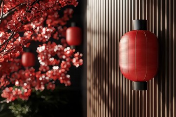 Wall Mural - Capture the minimal essence of the Lunar New Year festival with red lanterns and sunlight filtering through