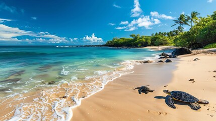 Wall Mural - Two sea turtles walk on a sandy beach.