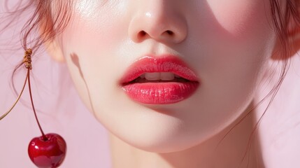 beautiful young woman with gloss red lips and cherry on dark background,closeup face lady in studio 
