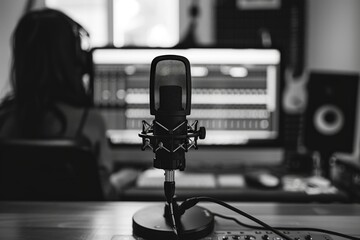 Poster - A single microphone sits on a wooden table