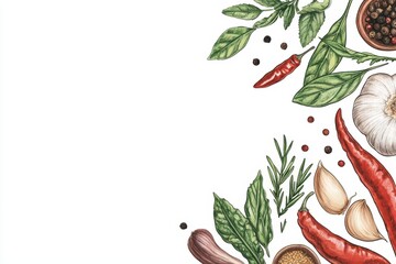 Wall Mural - Hand drawn style light effect capturing the essence of Thai cuisine with an explosion of fresh herbs and spices on a clean white background