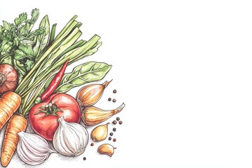 Wall Mural - Hand drawn style light effect capturing the essence of Thai cuisine with an explosion of fresh herbs and spices on a clean white background