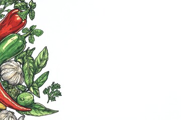 Wall Mural - Hand drawn style light effect capturing the essence of Thai cuisine with an explosion of fresh herbs and spices on a clean white background