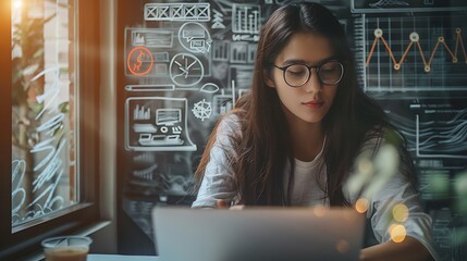 Poster - Focused woman working on her laptop in a modern office setting, surrounded by charts and graphs, symbolizing business analysis and progress.