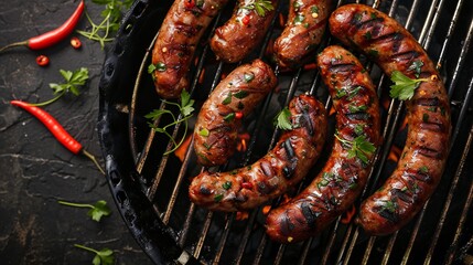 Wall Mural - Sizzling sucuk beef sausage on a grill from above, featuring a black background with plenty of space for additional graphics or text.