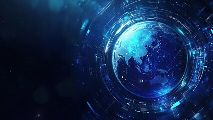 Poster - Abstract digital technology background. Abstract global network and connectivity concept with glowing blue planet earth. Information technology. Global business concept. Business tech. Copy space area