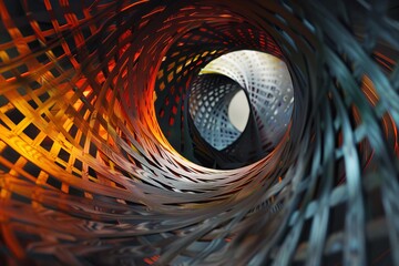 Poster - Abstract tunnel made of metal mesh is glowing in warm and cold colors