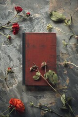 Aufkleber - A small red book sits on a table next to a bouquet of flowers, perfect for using in still life or study settings