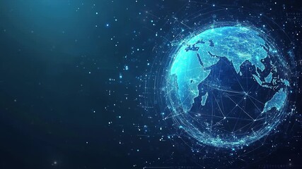 Poster - Abstract digital technology background. Abstract global network and connectivity concept with glowing blue planet earth. Information technology. Global business concept. Business tech. Copy space area