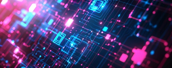 Fototapete - Abstract smartphone desktop background. Futuristic Technology Neon Pixel Grid Colorful Background Square Financial chart with glowing dots a circuit board background