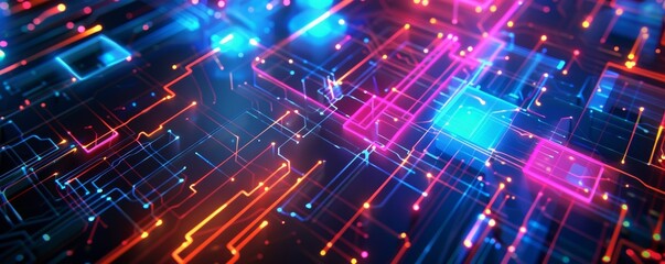 Fototapete - Abstract smartphone desktop background. Futuristic Technology Neon Pixel Grid Colorful Background Square Financial chart with glowing dots a circuit board background