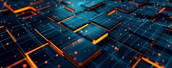 Poster - Abstract smartphone desktop background, black cubes and orange glowing lines, futuristic wall surface of modern architecture golden black triangles