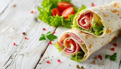 Poster - Tortilla wrap with ham, cheese and tomatoes on a white wooden background